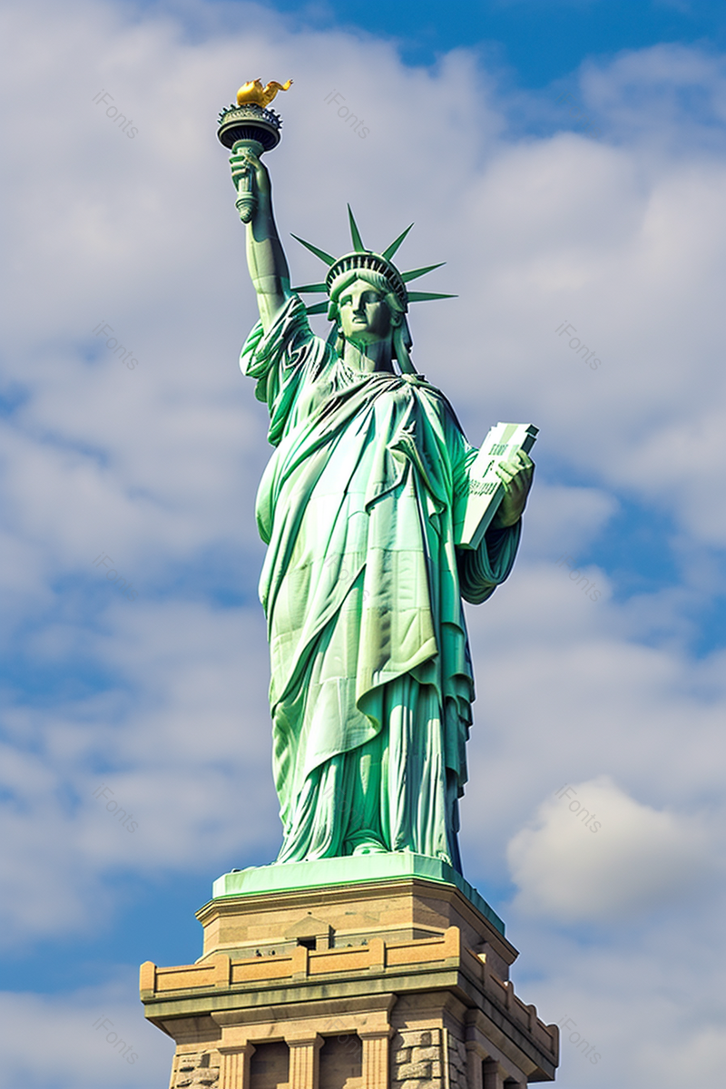 美国自由女神像蓝天白云下的雕像摄影真实,高清,摄影图,摄影图片,图片大全,摄影图免费下载